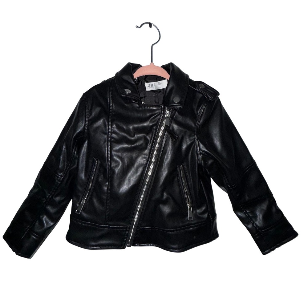 H&M Biker Jacket 4T Black Faux Leather Moto Heart Lining Edgy‎ Rocker Streetwear